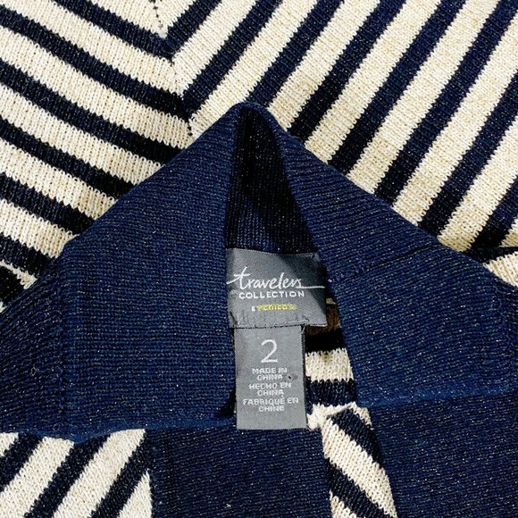 Chico’s Travelers Navy Blue And Golden Beige Shimmer Cardiagn Size 2 Or Large - Picture 6 of 7